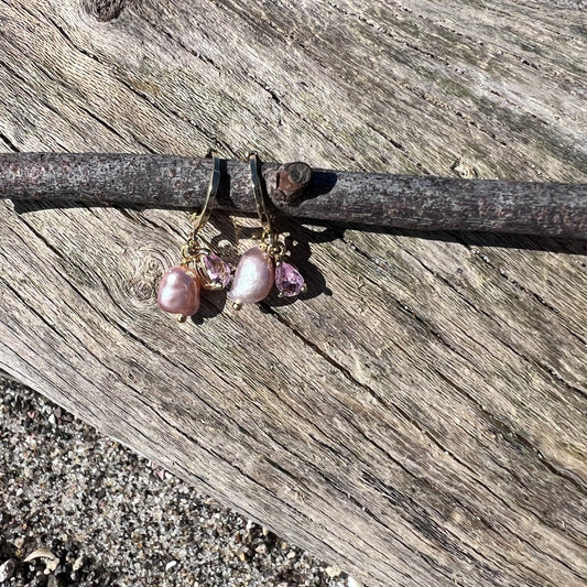 Pair of pink earrings on a branch with a wooden background